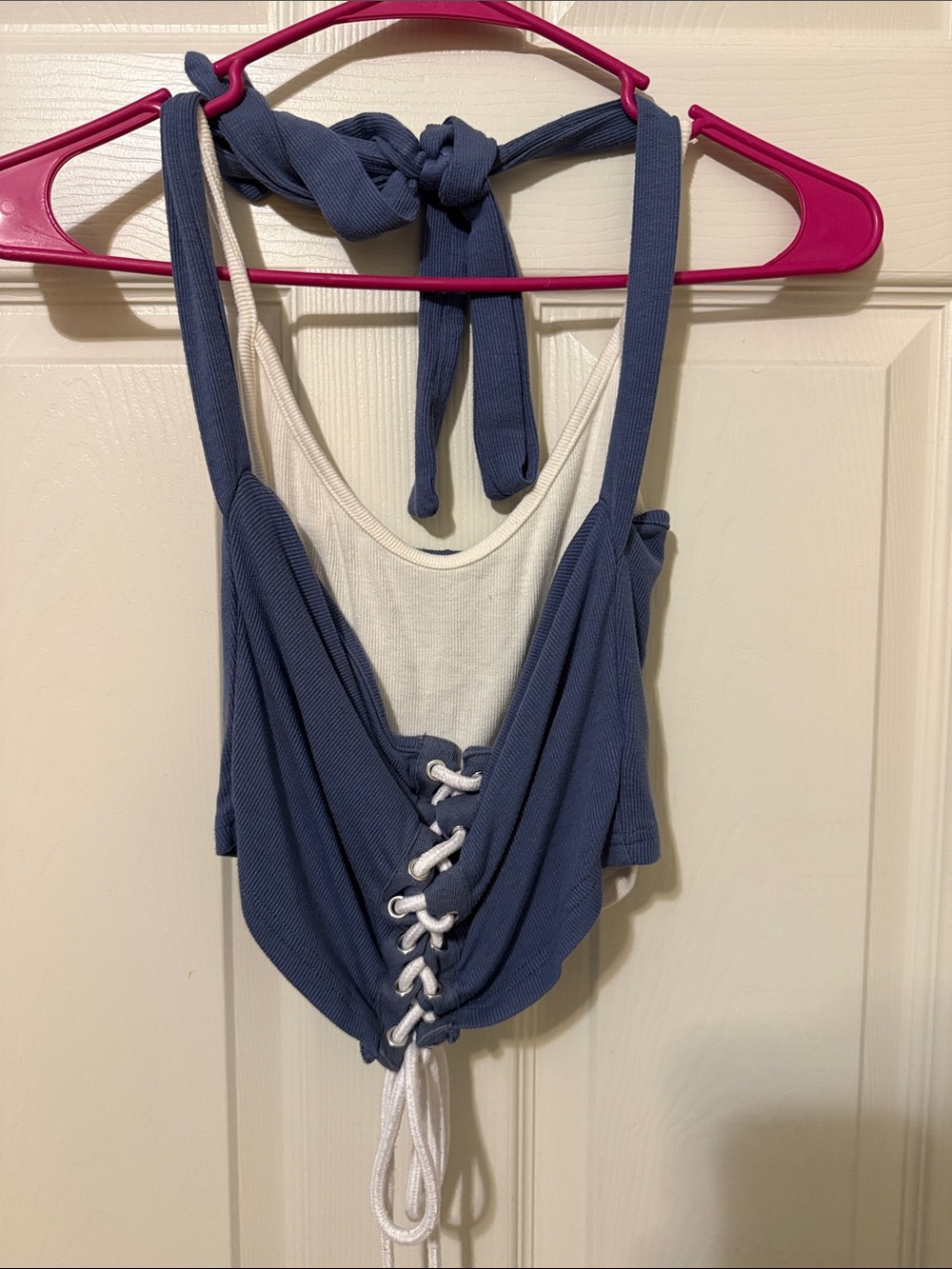 SHEIN Blue and White Lace-Up Halter Tank Top